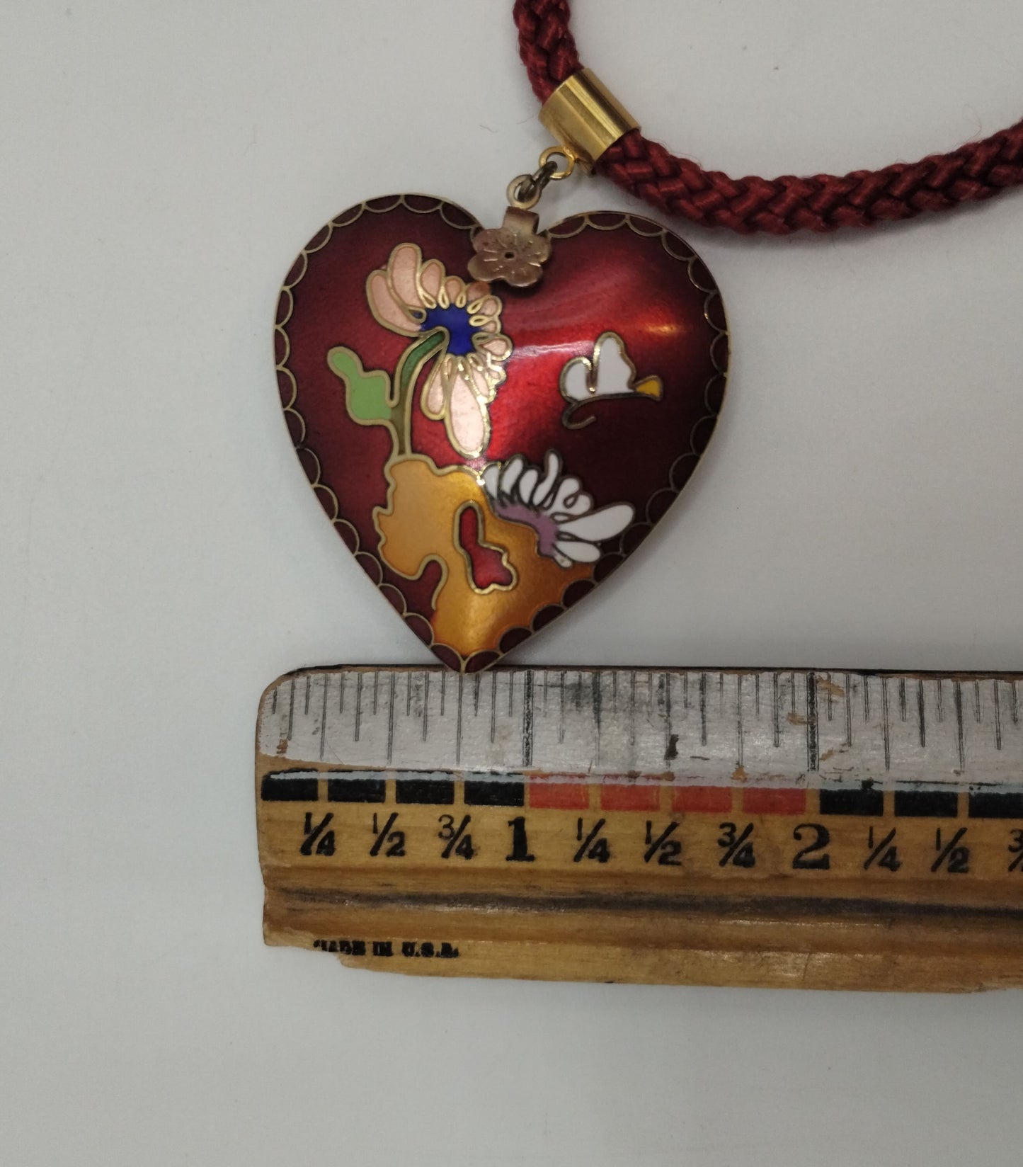 Vintage Red Cloisonné Puffy Heart Pendant Red Braided Cord Necklace