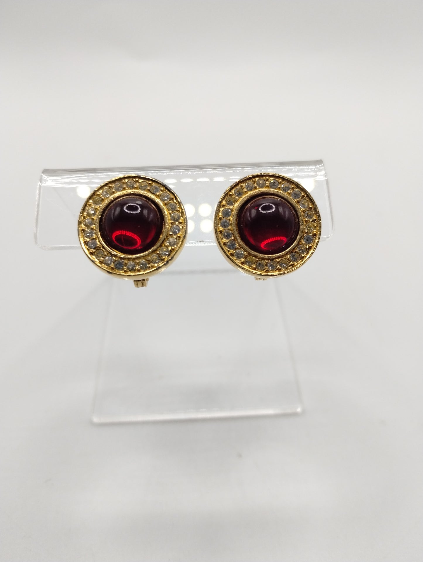 Vintage Monet Gold Tone Red Glass Cabochon Rhinestone Halo Clip On Earrings