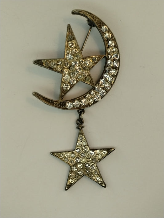 LARGE Vintage Silver Tone Rhinestone Crescent Moon Star Brooch Pin