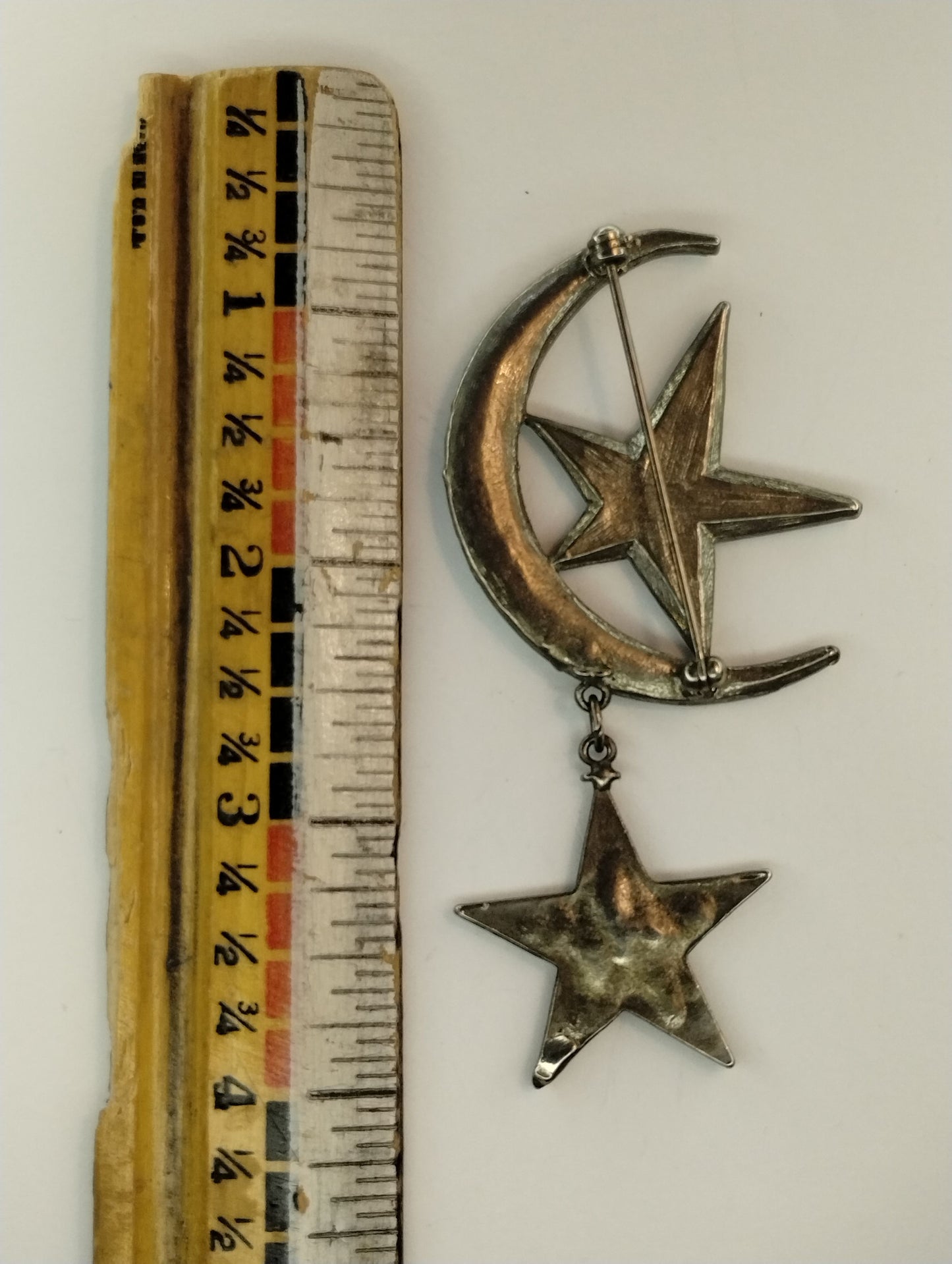 LARGE Vintage Silver Tone Rhinestone Crescent Moon Star Brooch Pin