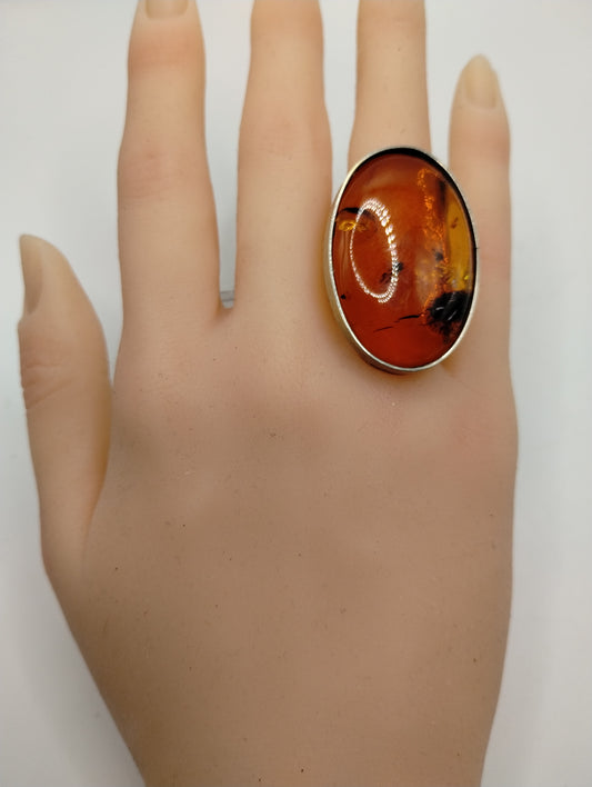 Massive Silver tone Baltic Amber Cabochon Modern Ring Sz 7