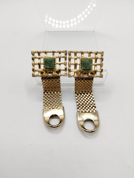 Vintage Gold Tone Jade Mesh Midcentury MCM Cufflinks