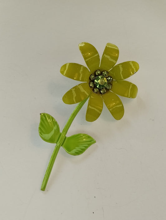 Vintage Green Yellow Enamel Rhinestone Flower Brooch Pin