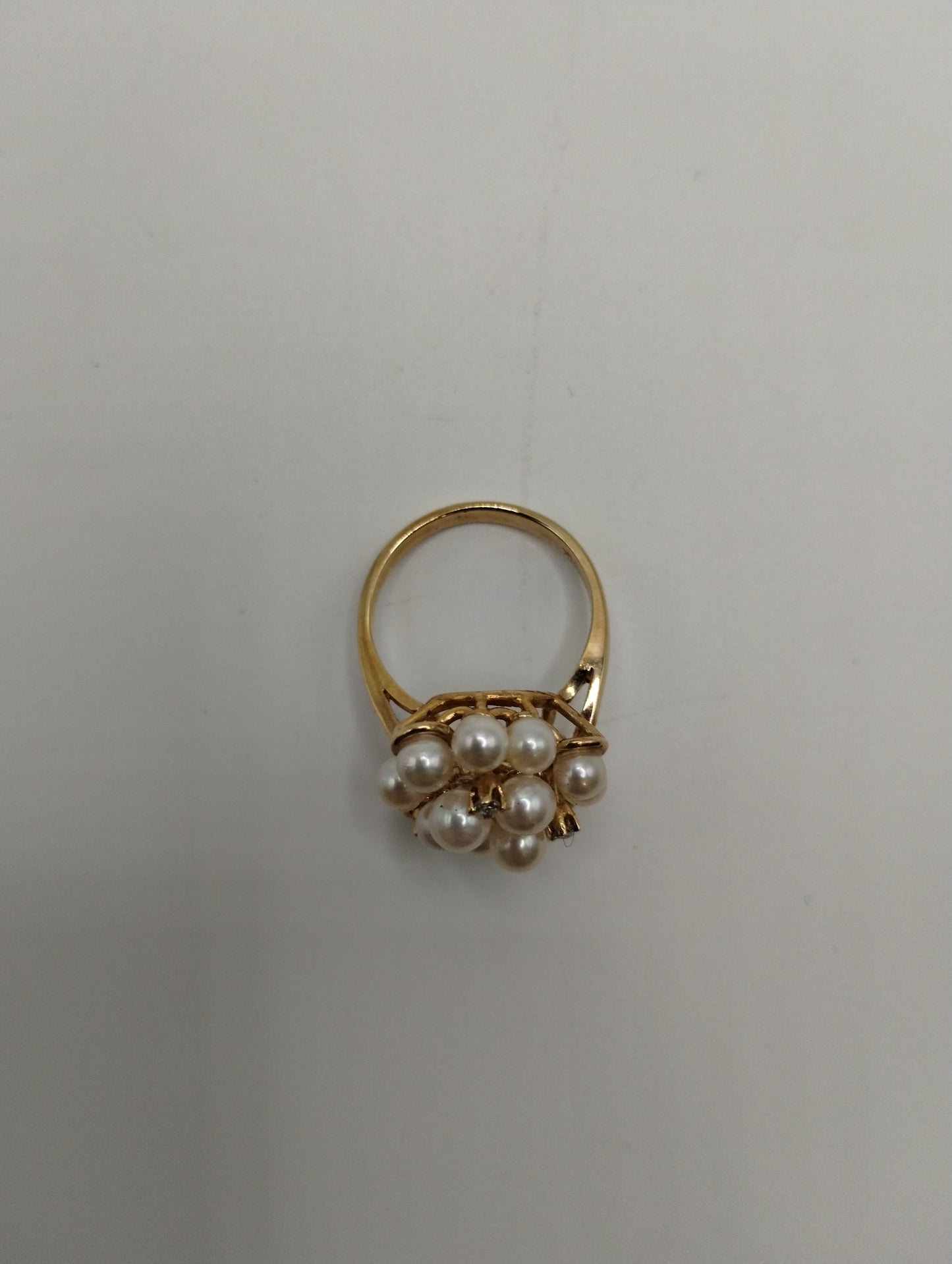 14k Yellow Gold Pearl Cluster Diamond Cocktail Ring Sz 5.75