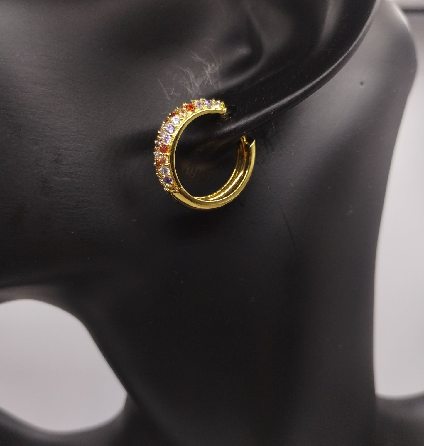 Set of 3 Gold Tone Hoop Earrings Yellow Rose Multicolor Cubic Zirconia Pave