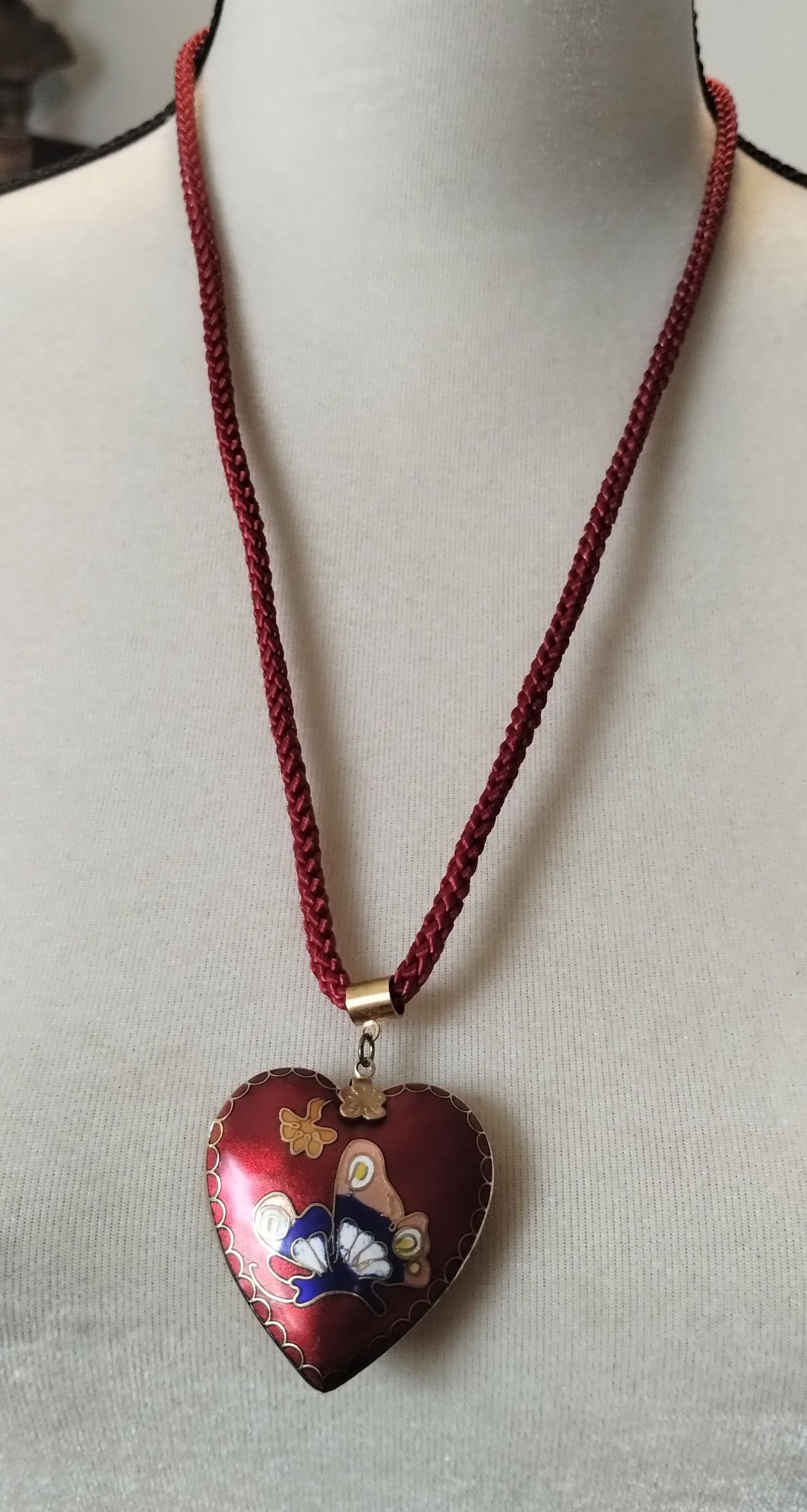 Vintage Red Cloisonné Puffy Heart Pendant Red Braided Cord Necklace