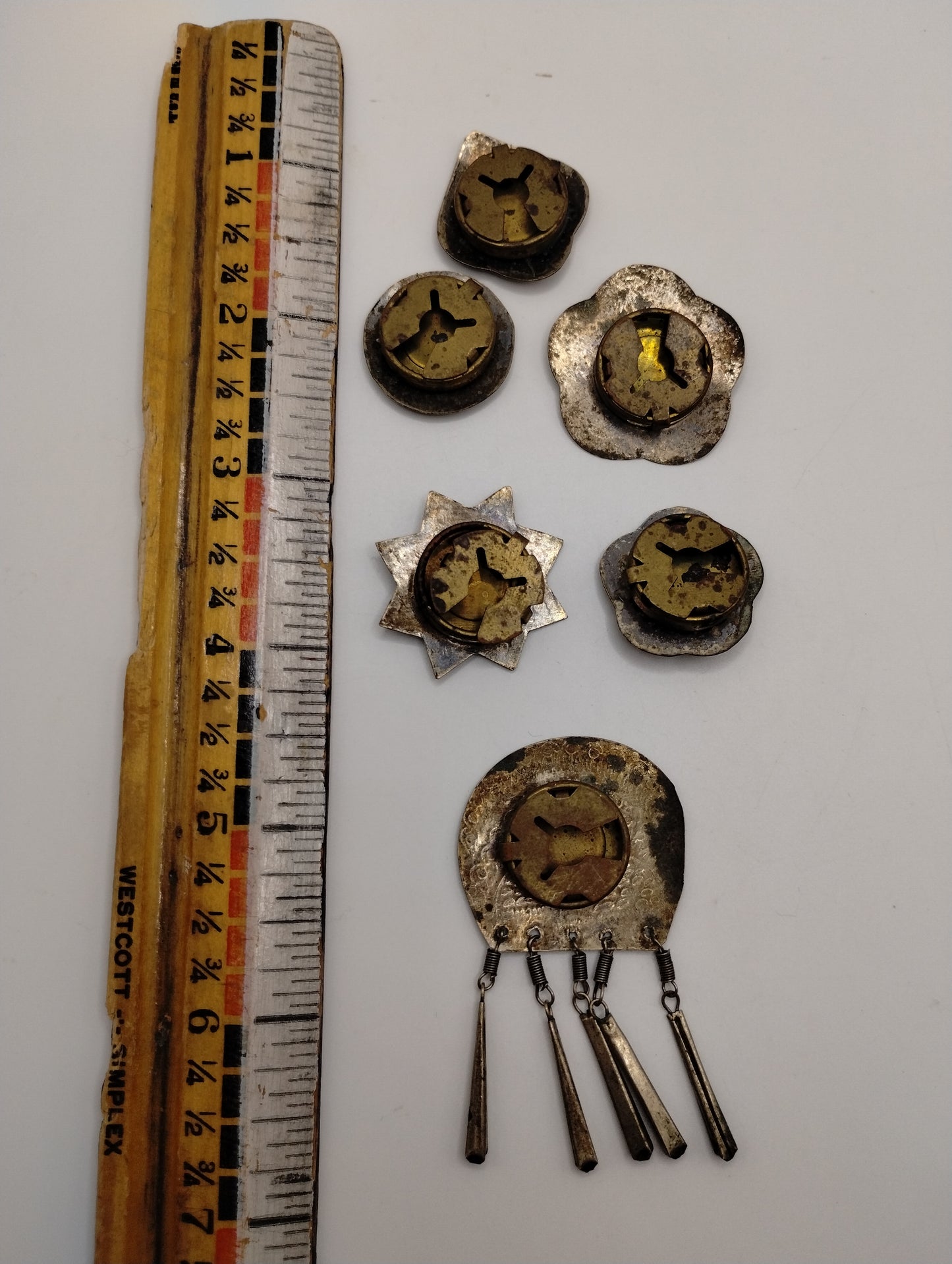 Vintage Silver Tone Brass Etched Southwestern Western Button Bolo Covers Cowboy