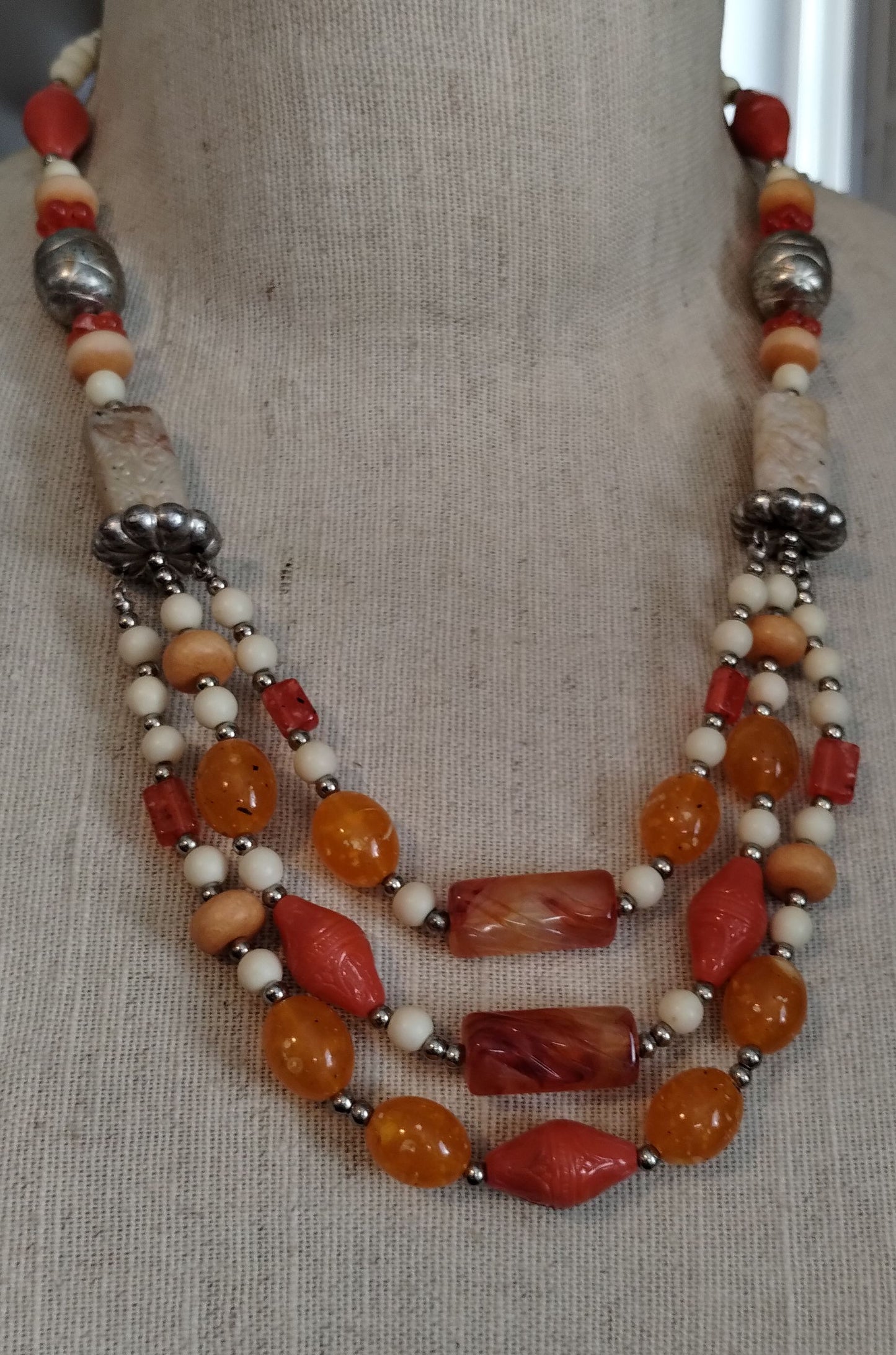 Vintage Multi Colored Engraved Beads 22" Long Beaded Necklace