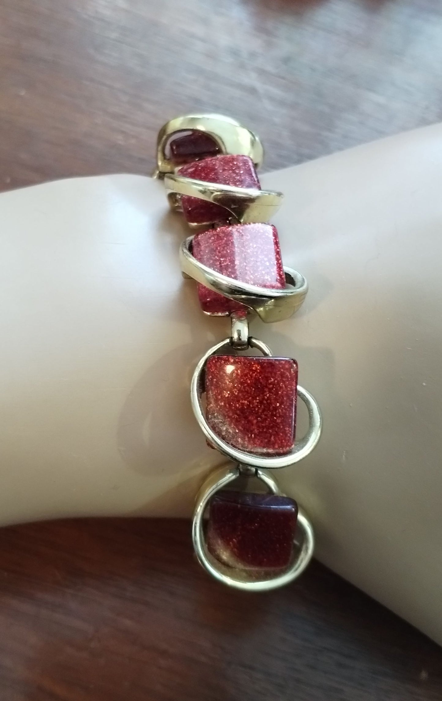 Vintage Chunky Gold Tone Bracelet Square Red Stones
