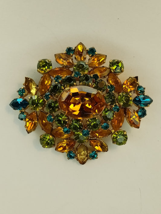 Vintgae Made in Austria Large Rhinestone Blue Green Orange Brooch Pin Damaged