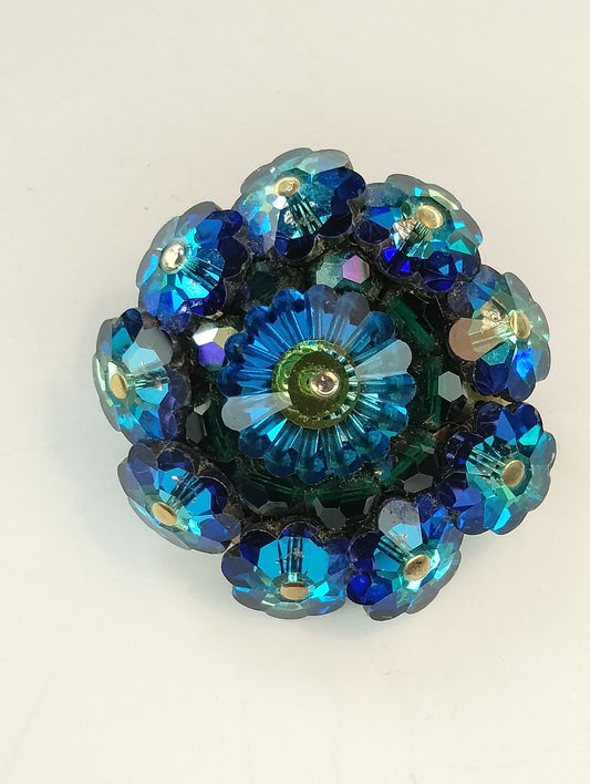 Vintage Electric Blue AB Aurora Borealis Rhinestone Flower Brooch Pin