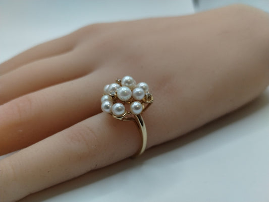 14k Yellow Gold Pearl Cluster Diamond Cocktail Ring Sz 5.75