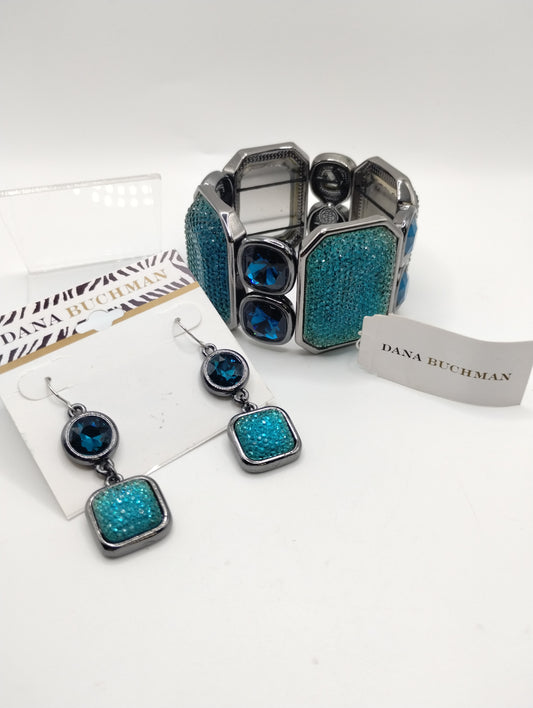 Dana Buchman Glittery Blue Stretch Chunky Bracelet Dangly Earrings Jewelry Set