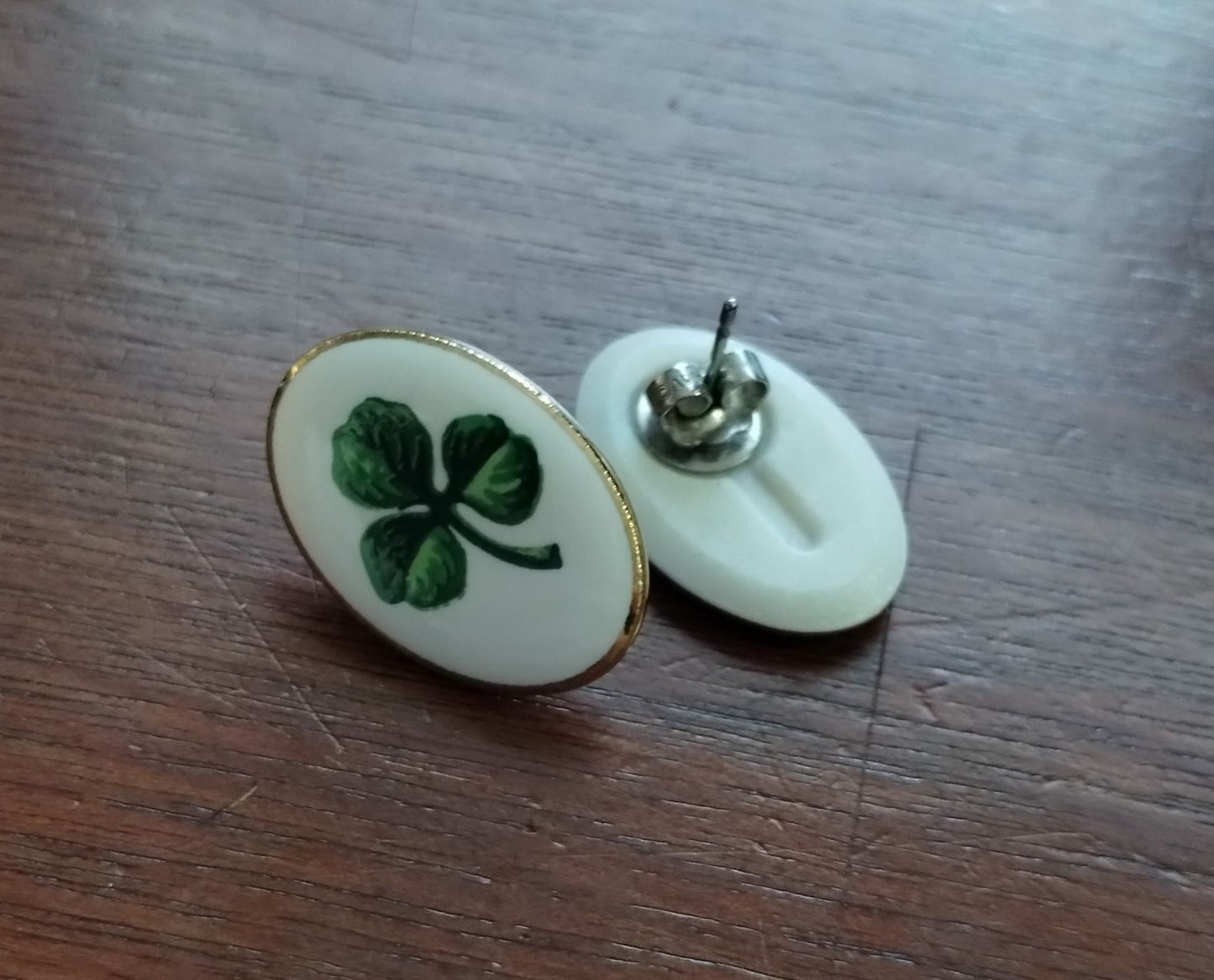 Vintage Avon Oval White Porcelain Gold Tone Shamrock Earrings