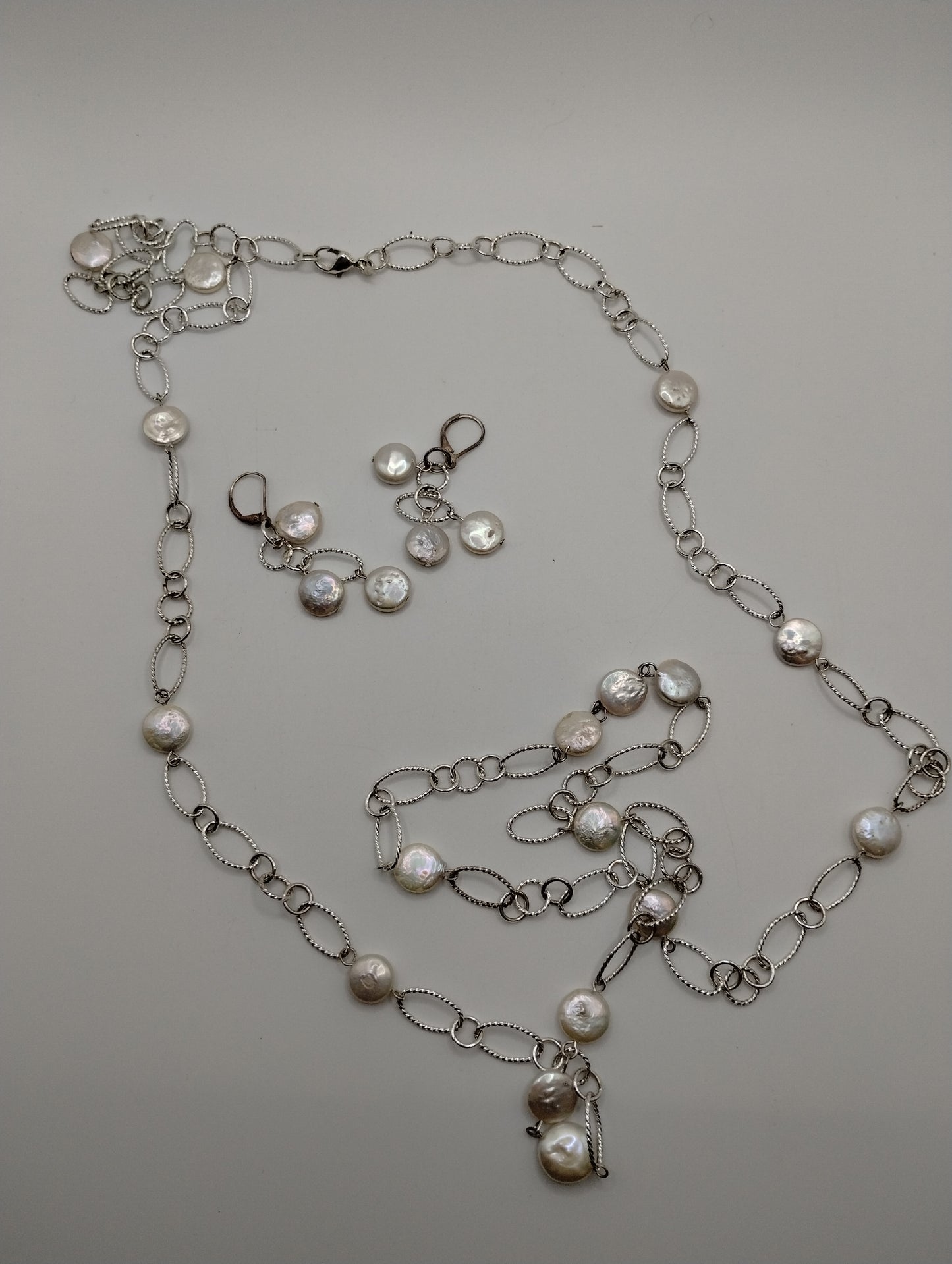 Silver Tone Faux Disk Pearl Oval Chain Necklace Sterling Silver 925 Earring Set