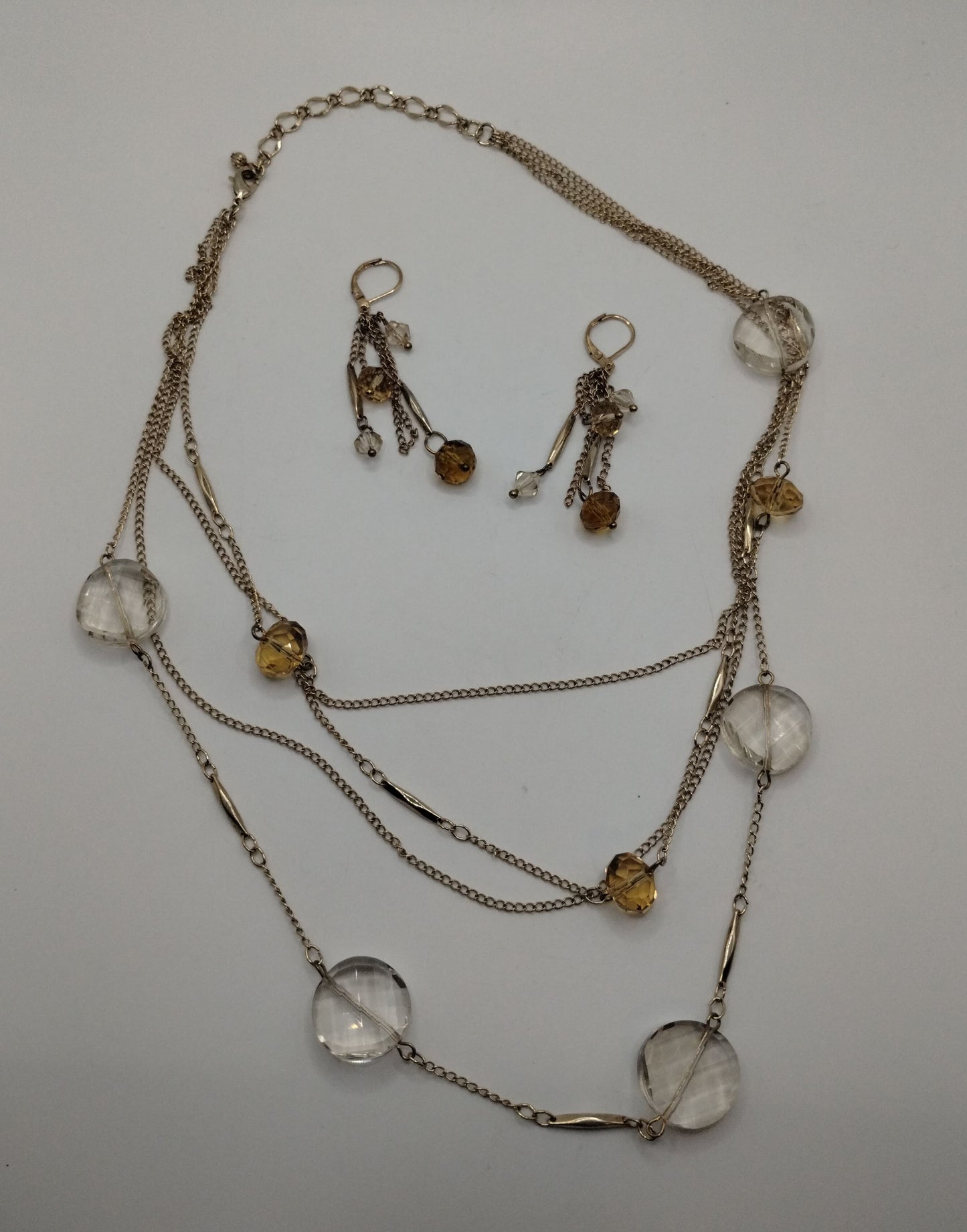 Vintage Gold Tone Multi Strain Faceted Beaded Necklace Earring Set