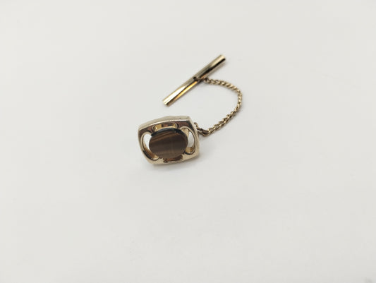 Vintage Gold Tone Faux Brown Cats Eye Tie Tack