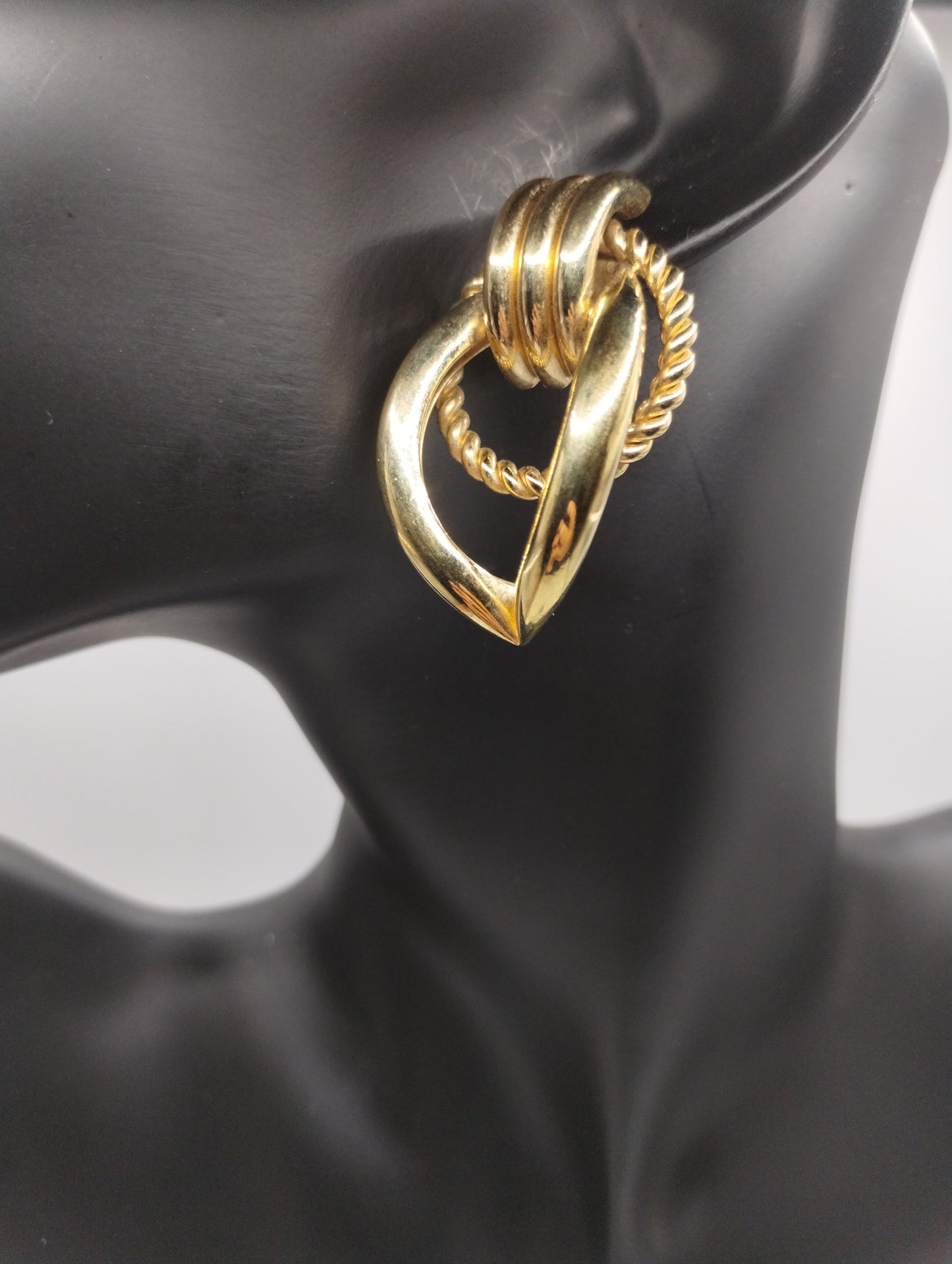 Vintage 80's Large Gold Tone Rope Tube Runway Statement Pierced Earrings