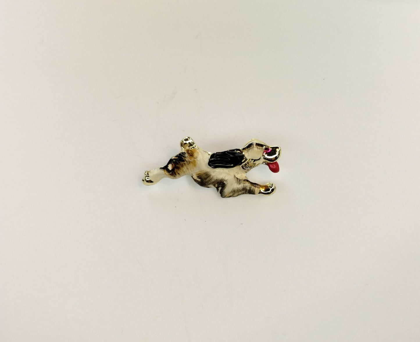 Vintage 50's Gold Tone Enamel Painted Running Dog Puppy Brooch Pin