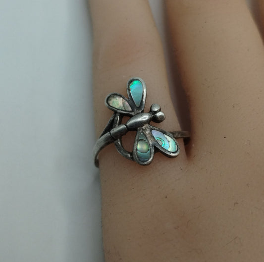 Vintage Sterling Silver Abalone Dragon Fly Ring Sz 5