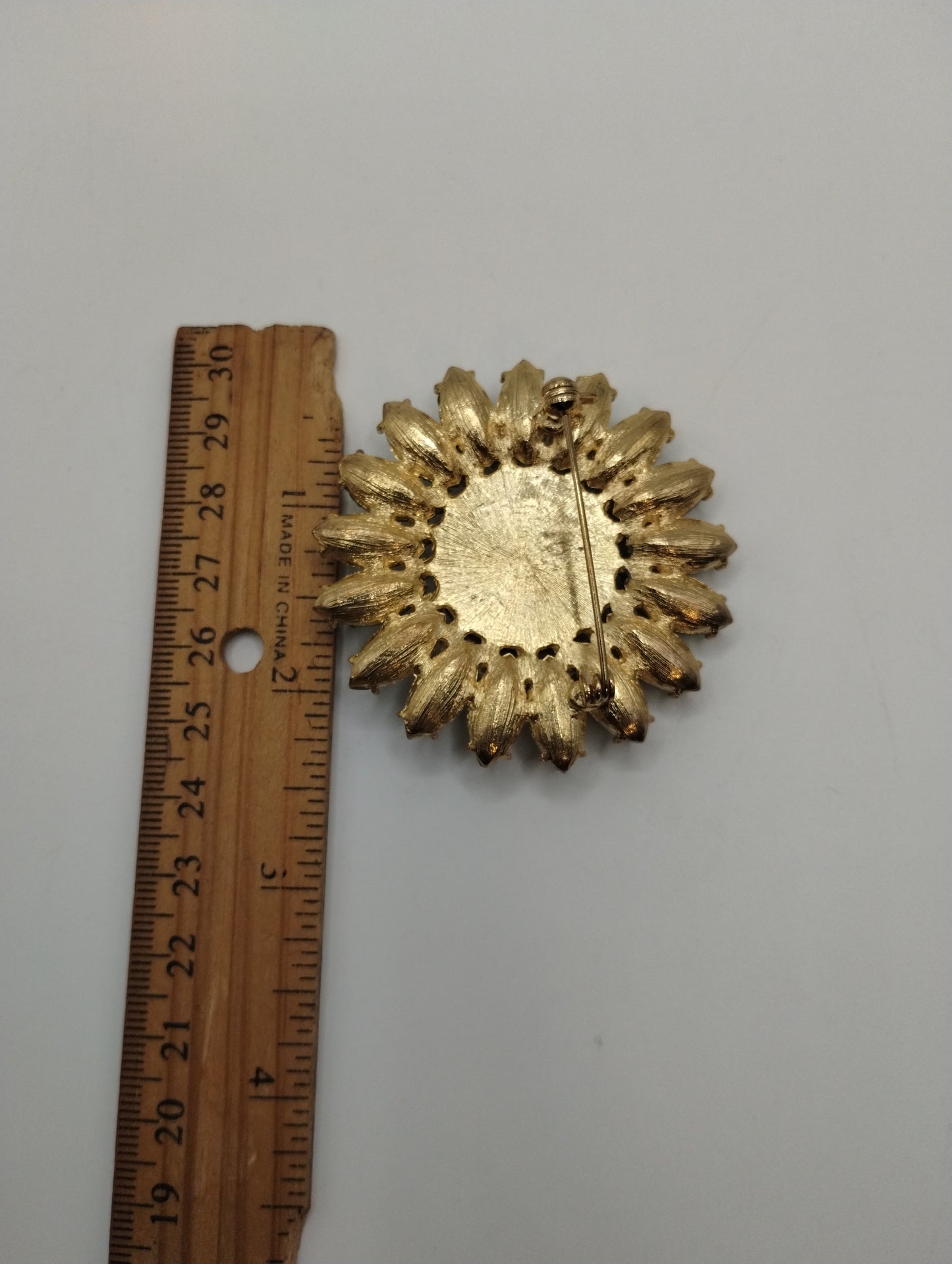 Vintage Flower Brooch Cabochon Center Stone Gold Tone AB Rhinestones