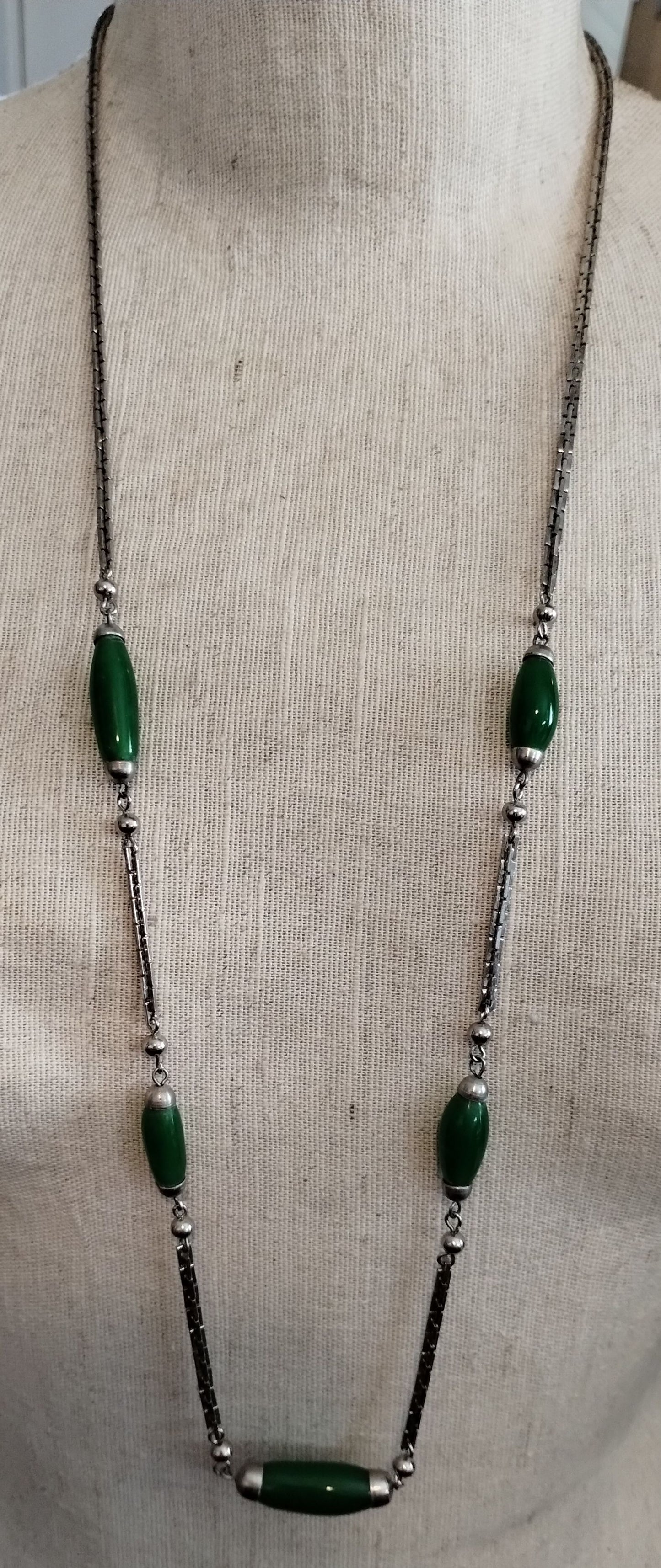 Vintage Silver Tone Large Green Beads 36" Long Specialty Chain Necklace