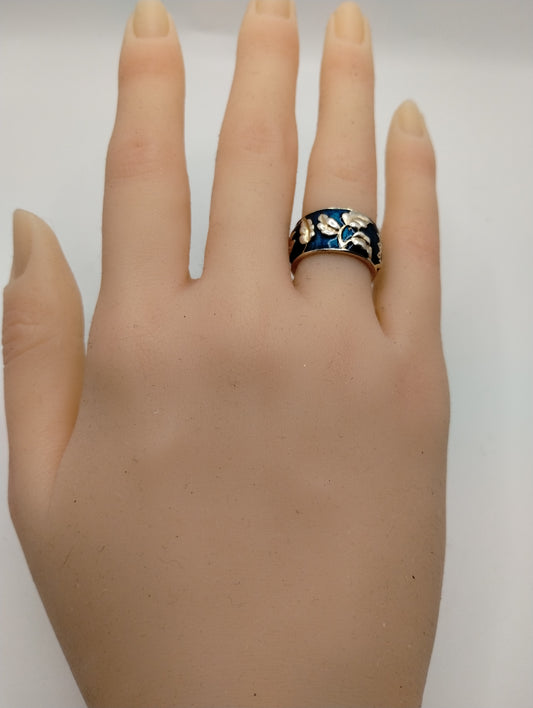 Sterling Silver 925 Blue Teal Enamel Wide Flower Floral Band Ring Sz 4.5