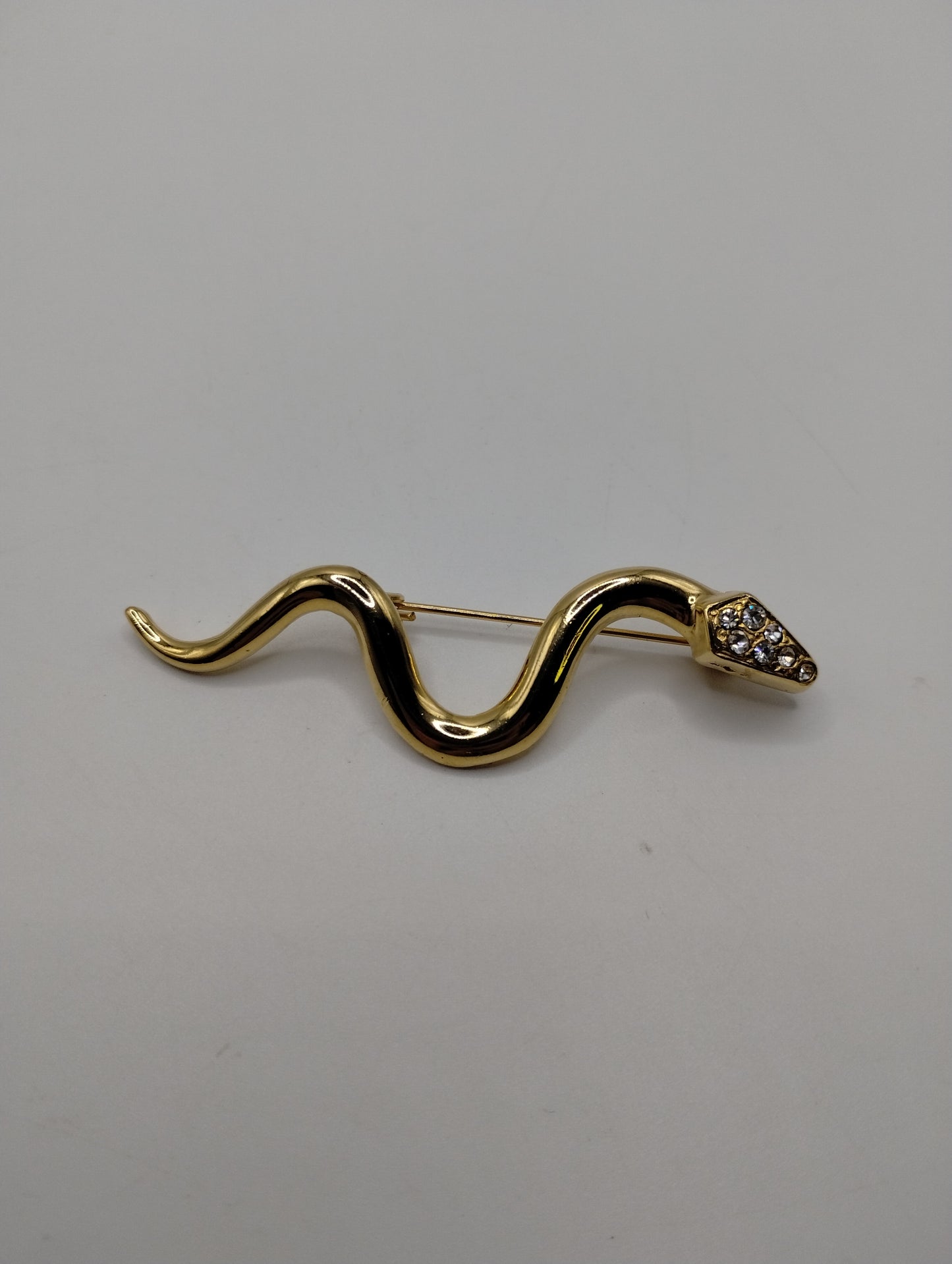 Vintage Smooth Gold Tone Rhinestone Head Snake Serpent Brooch Pin