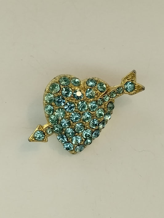 Vintage Gold Tone Blue Rhinestone Pave Encrusted Heart Arrow Brooch Pin