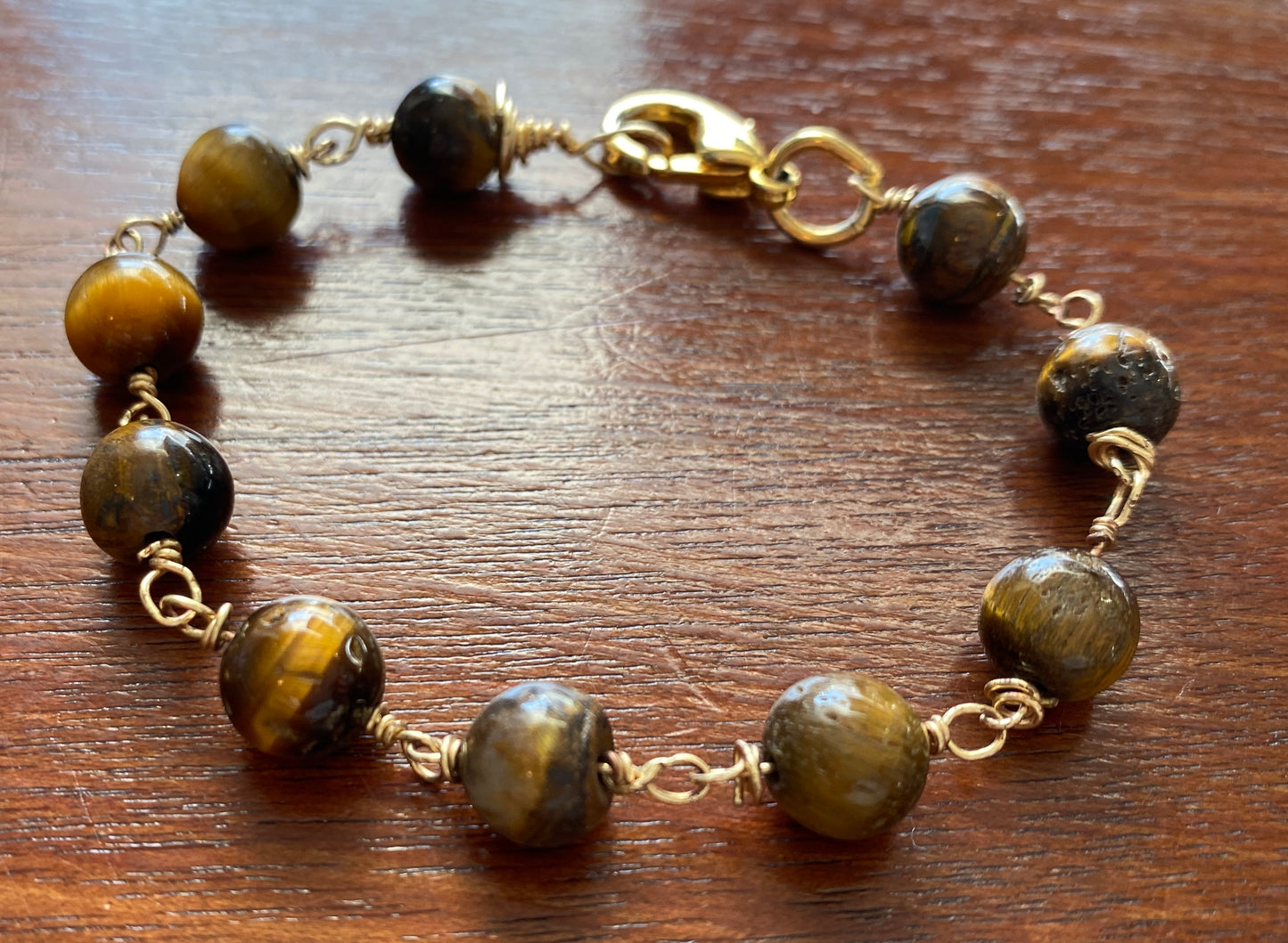 Vintage Tigers Eye Ball Bead Gold Tone Chain Link Bracelet