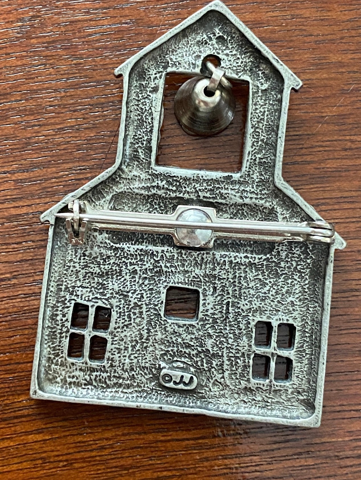 Vintage Signed JJ Pewter School House Bell Teacher Brooch Pin