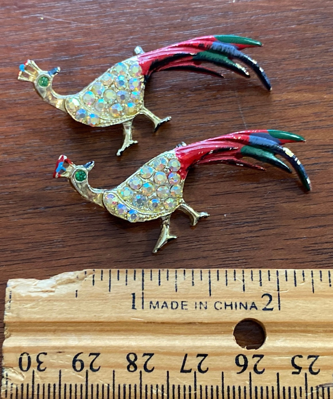 Set of 2 Vintage AB Aurora Borealis Painted Peacock Brooch Pins