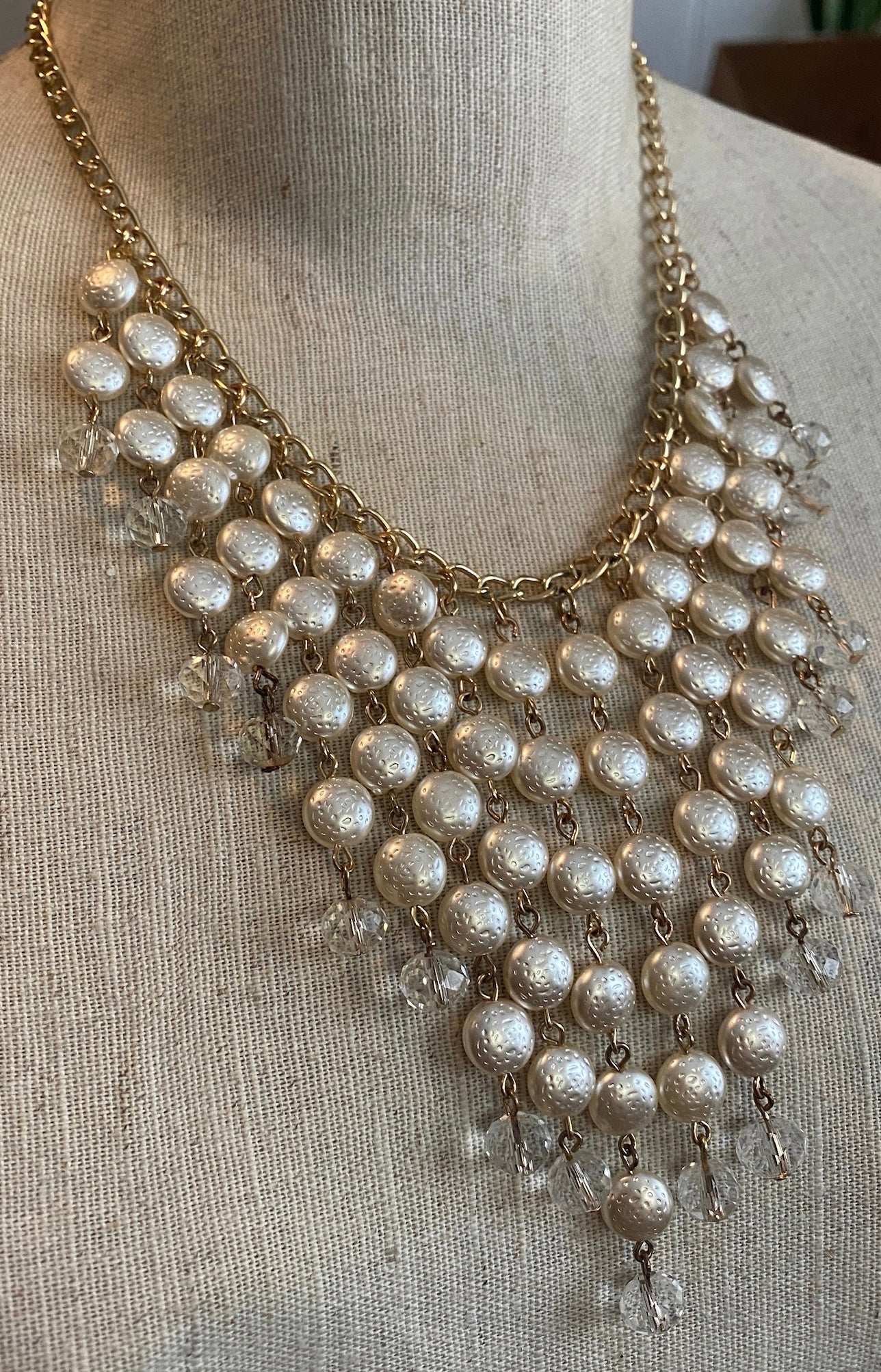 Gold Tone Metal Faux Pearl Bead Bib Collar Statement Necklace