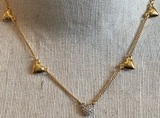 Avon Gold Tone Metal Puffy Heart Rhinestone Necklace