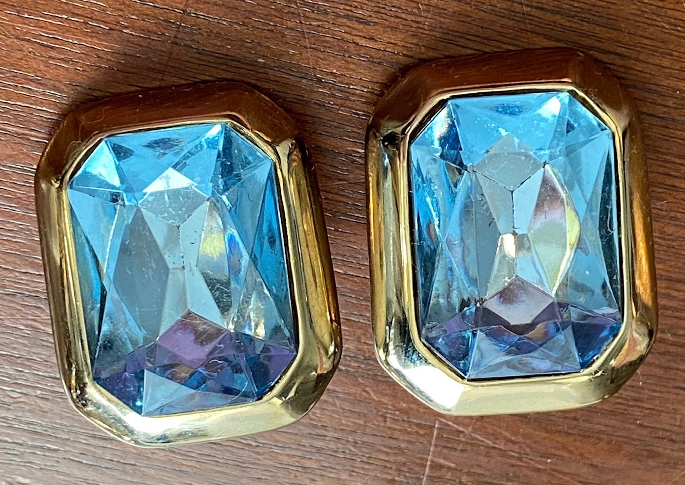 Massive Vintage 80's Gold Tone Faceted Blue Rhinestone Pierced Earrings