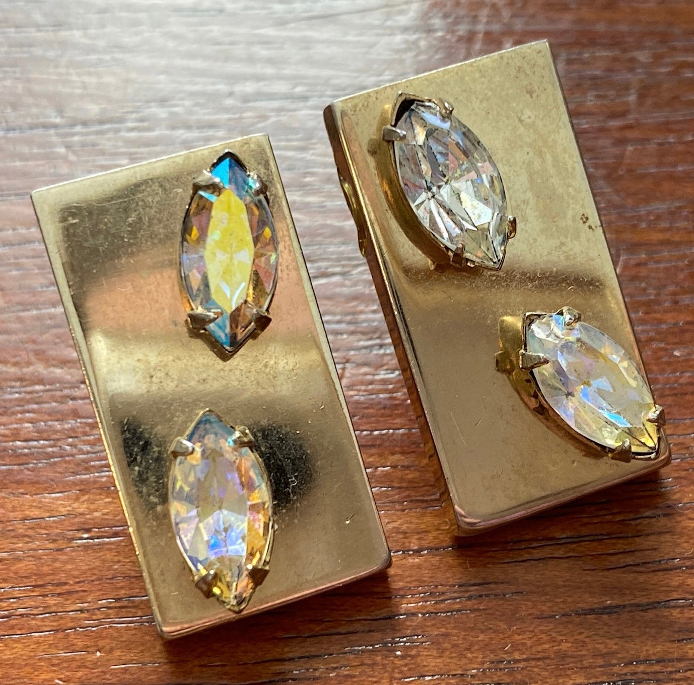 Vintage 80's AB Aurora Borealis Rhinestone Gold Tone Earrings Pierced