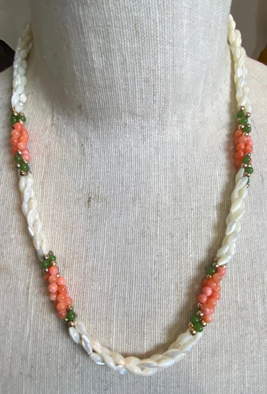 Vintage Twisted Rope MOP Mother of Pearl Jade Coral Necklace