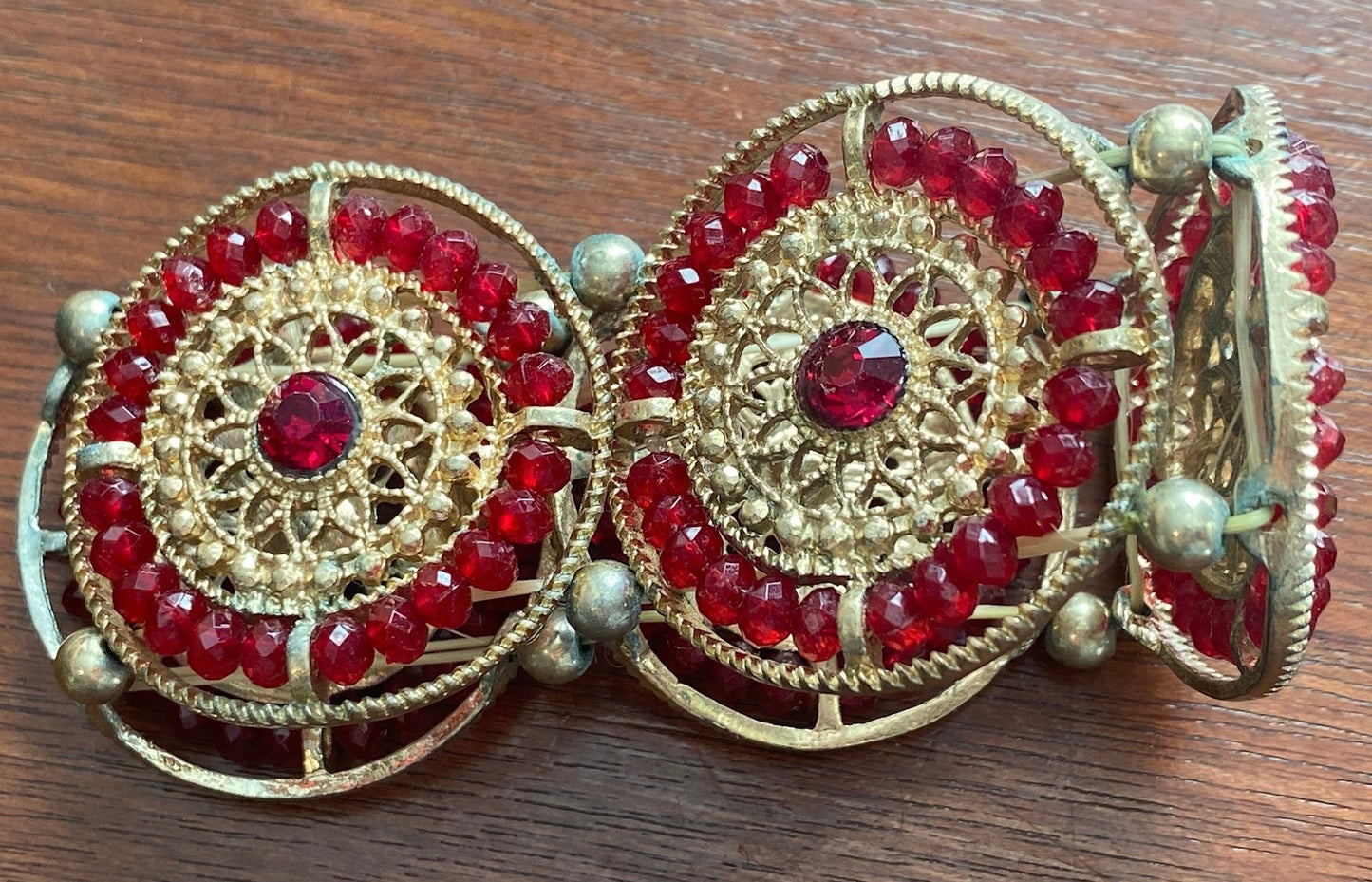 Gold Tone Filigree Red Rhinestone Panel Medallion Stretch Bracelet