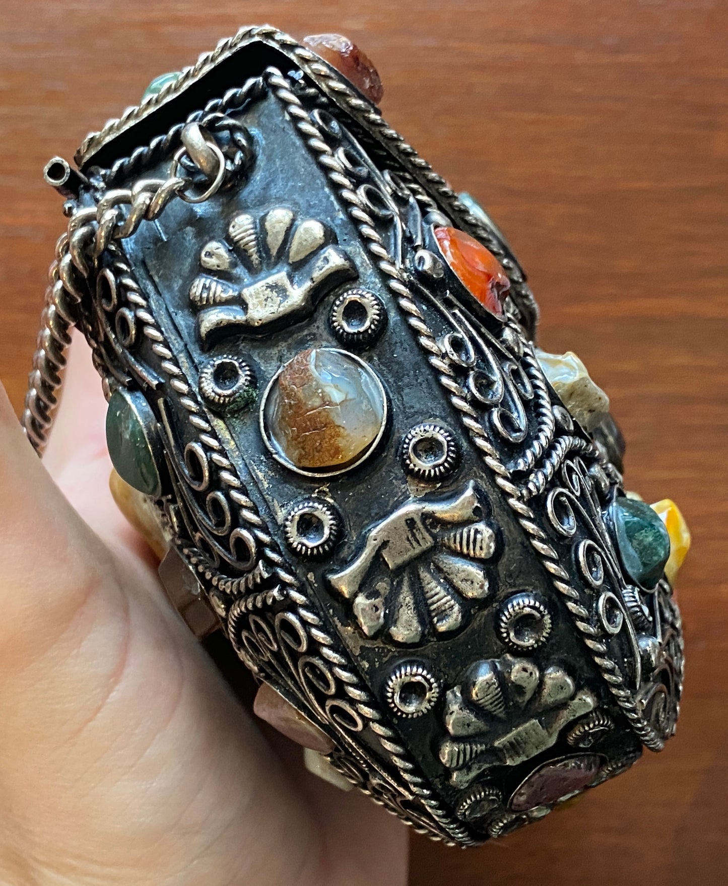 Vintage Sajai Metal Purse Handbag with Natural Agate Stones and Chain Strap