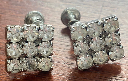 Vintage Silver Tone Square Shaped Rhinestone Screwback Earrings