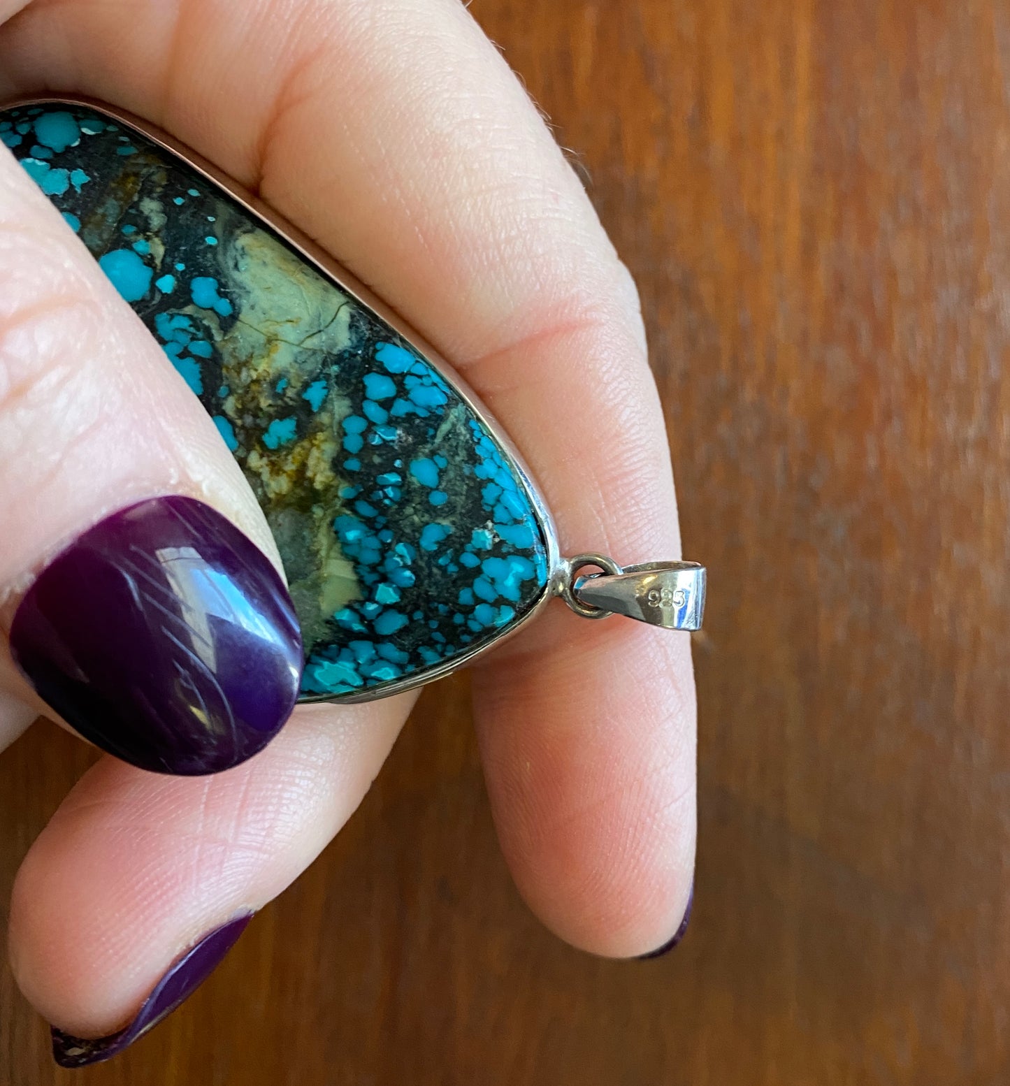 Sterling Silver 925 Large Blue Turquoise Wrapped Pendant Reversible