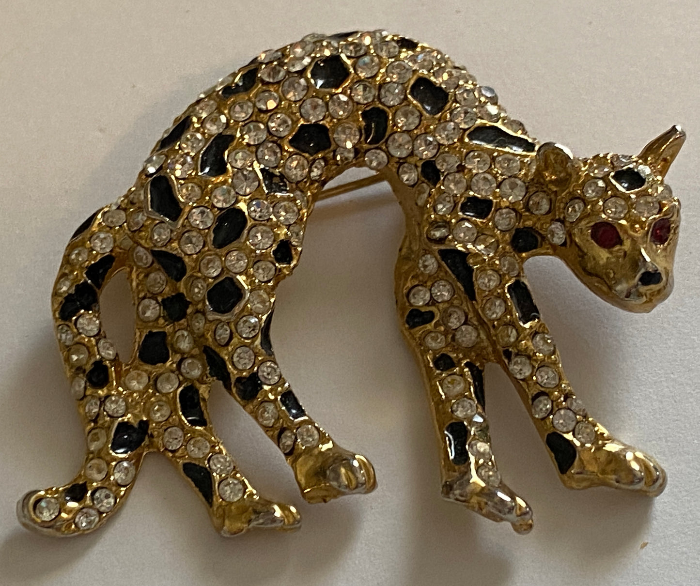 Vintage Rhinestone Enamel Cheetah Cat Brooch Pin