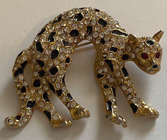 Vintage Rhinestone Enamel Cheetah Cat Brooch Pin