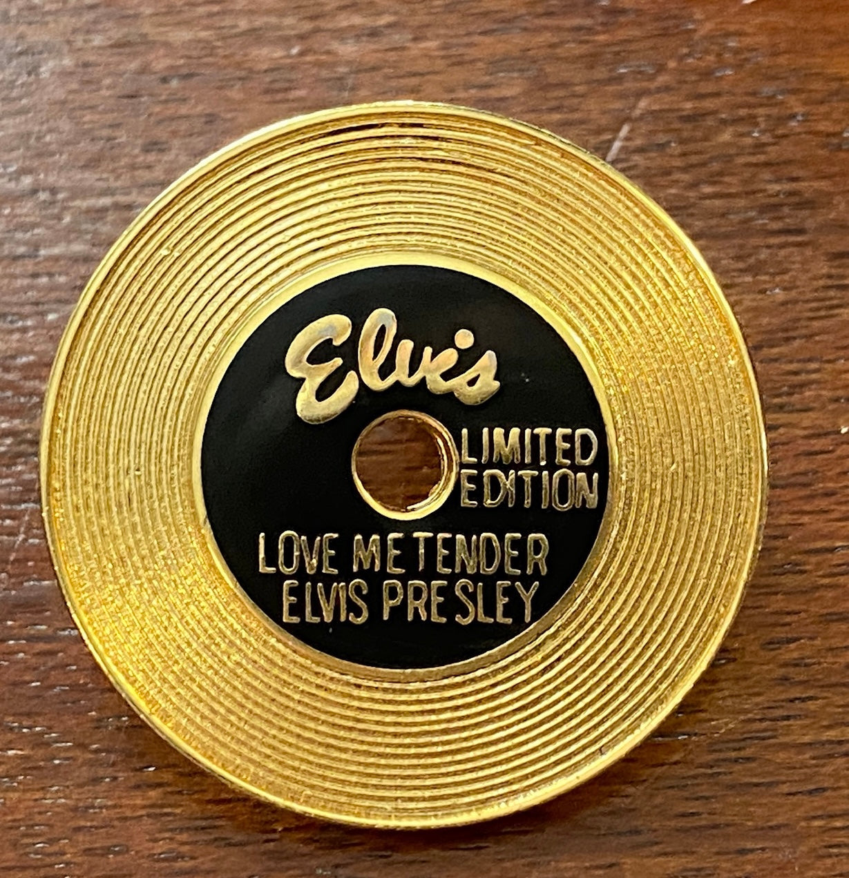 Gold Tone Metal Black Enamel Elvis Limited Edition Love Me Tender Pinback Pin