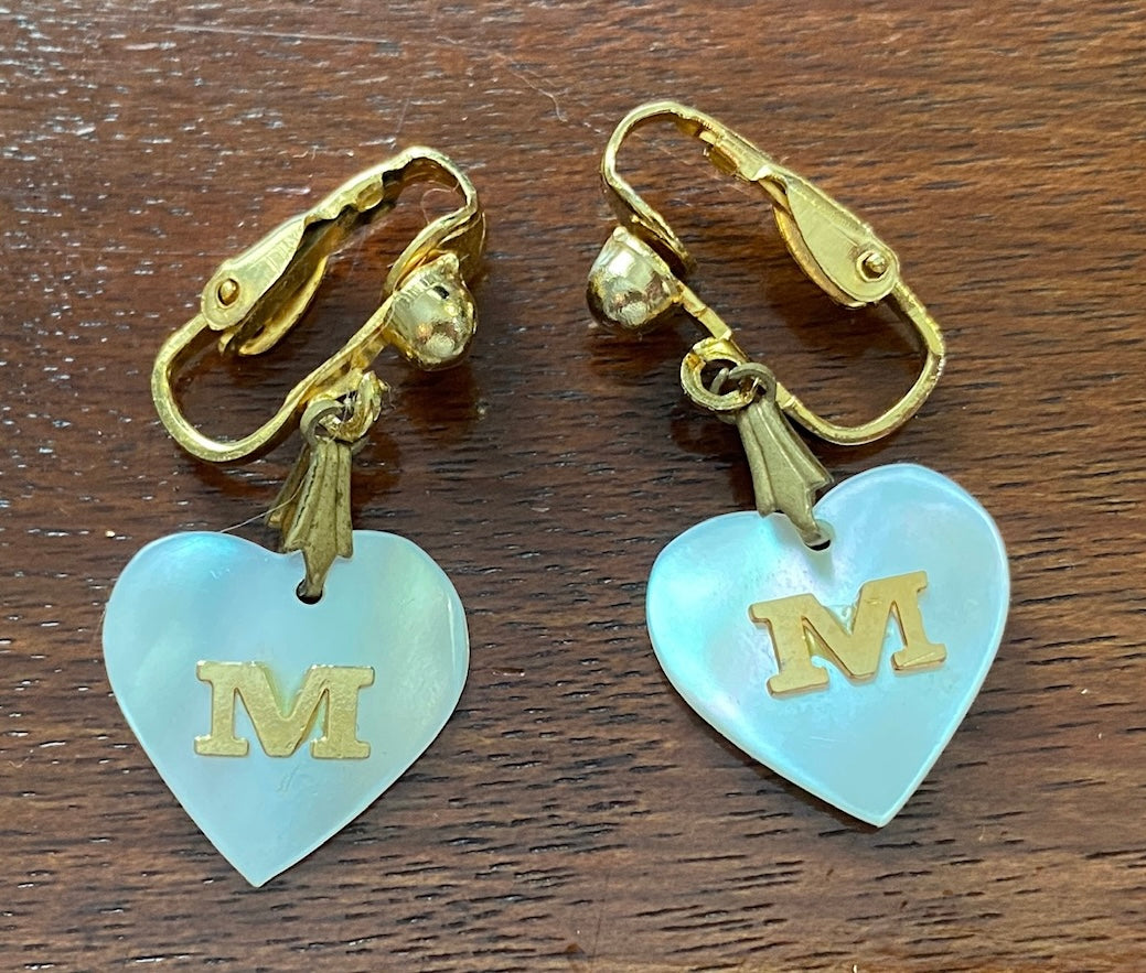 Vintage Gold Tone Heart MOP Mother of Pearl M Letter Initial Clip on Earrings