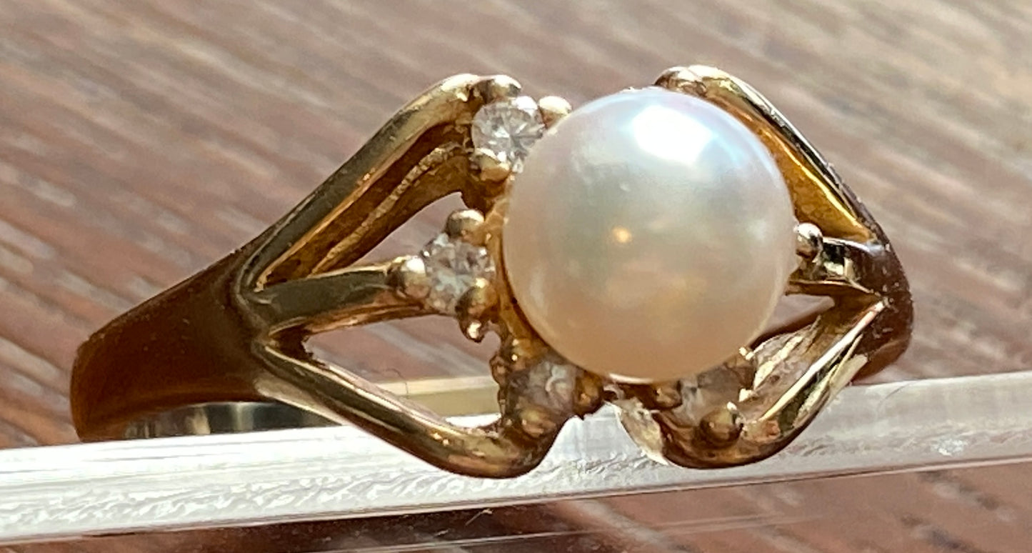 14k Yellow Gold 6mm Pearl Diamond Accent Ring Sz 6 Signed CF
