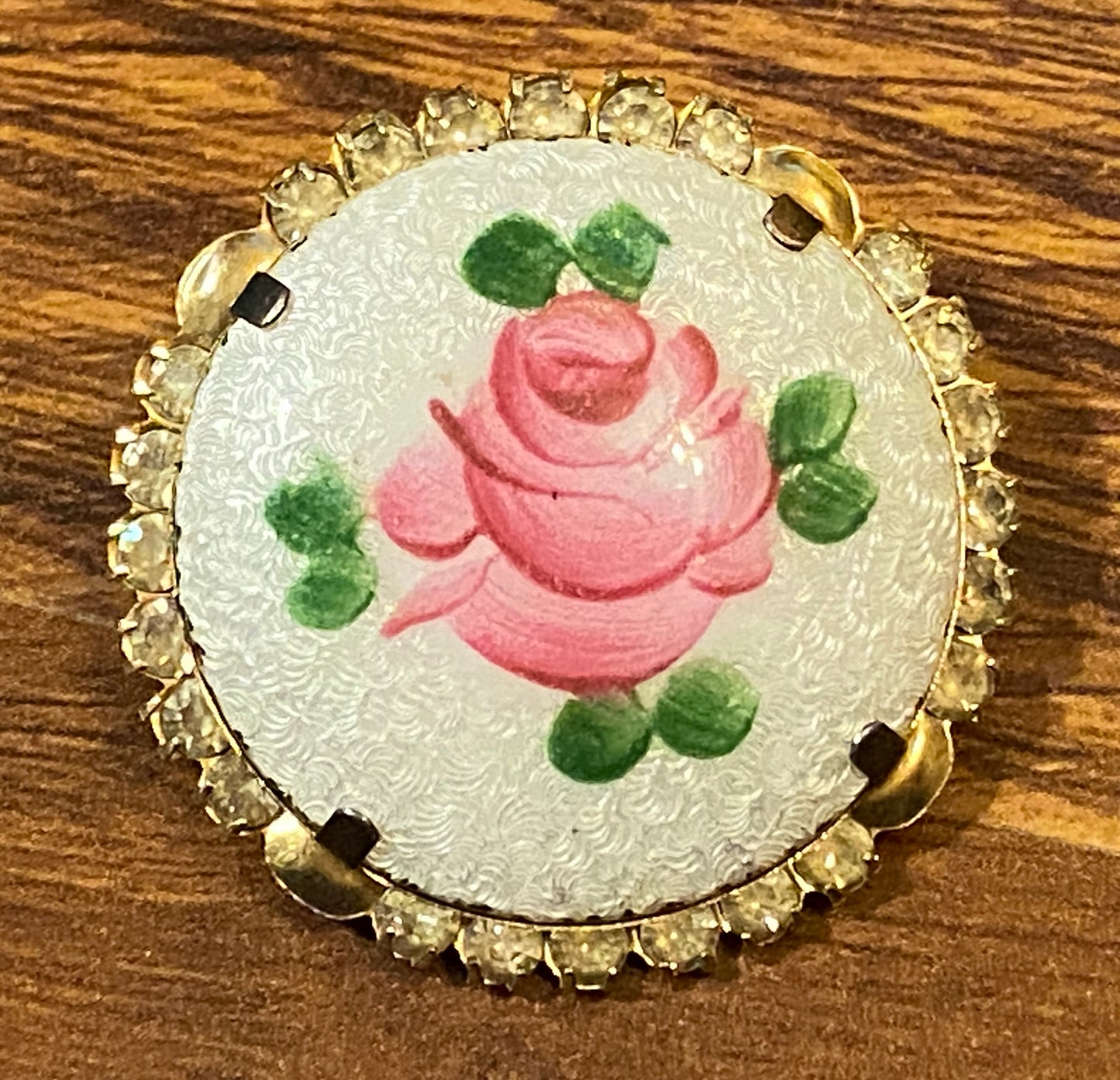 Vintage Gold Tone Guilloche Enamel Rose Painted Rhinestone Brooch Pin