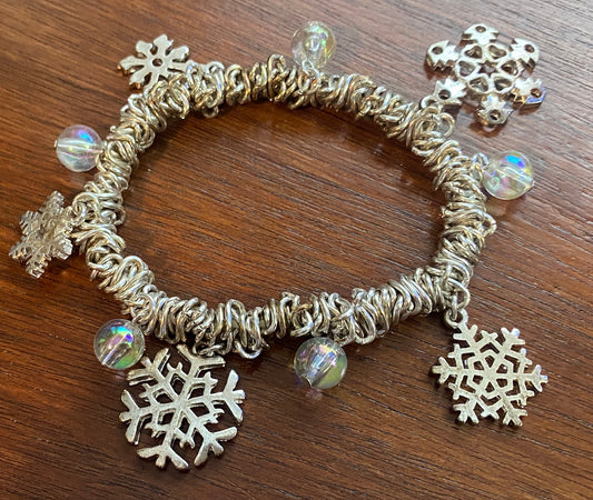 Silver Tone AB Aurora Borealis Bead Snowflake Charm Stretch Bracelet