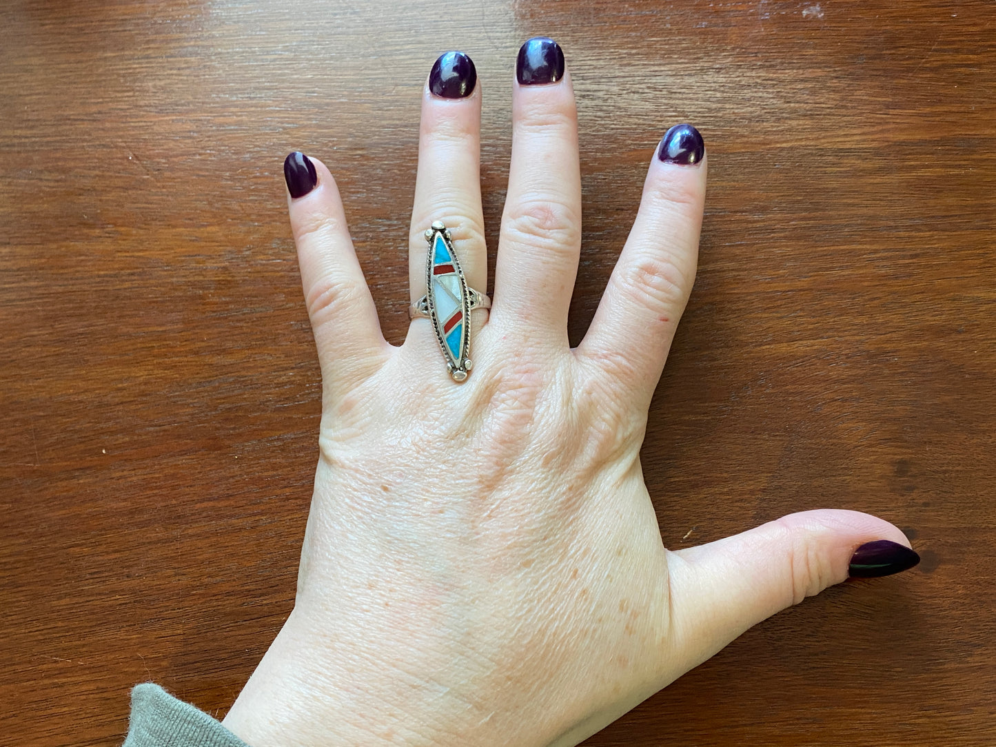Silver Old Pawn MOP Turquoise Red Coral Inlay Statement Ring Sz 7.75