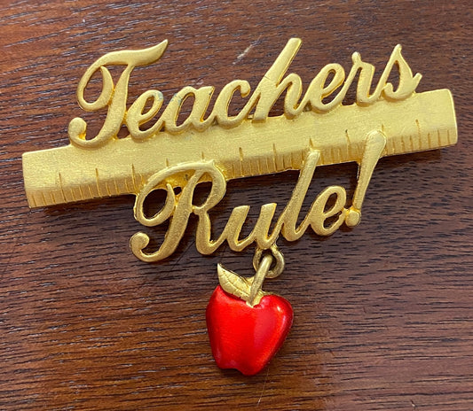 Vintage Signed JJ Teachers Rule School Apple Ruler Gold Tone Brooch Pin